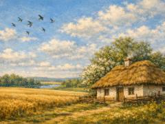 Сільський пейзаж: хата, поле, птахи, дерева