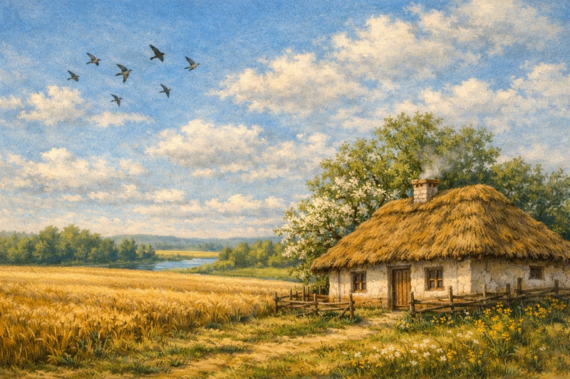 Сільський пейзаж: хата, поле, птахи, дерева